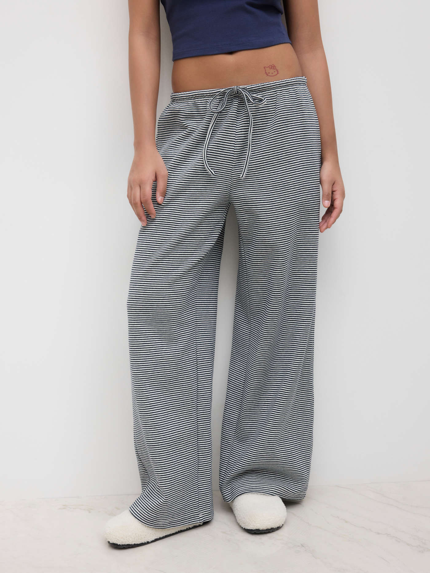 Knit Fabric Cotton-blend Low Rise Striped Drawstring Wide Leg Trousers For Daily Casual | Cider