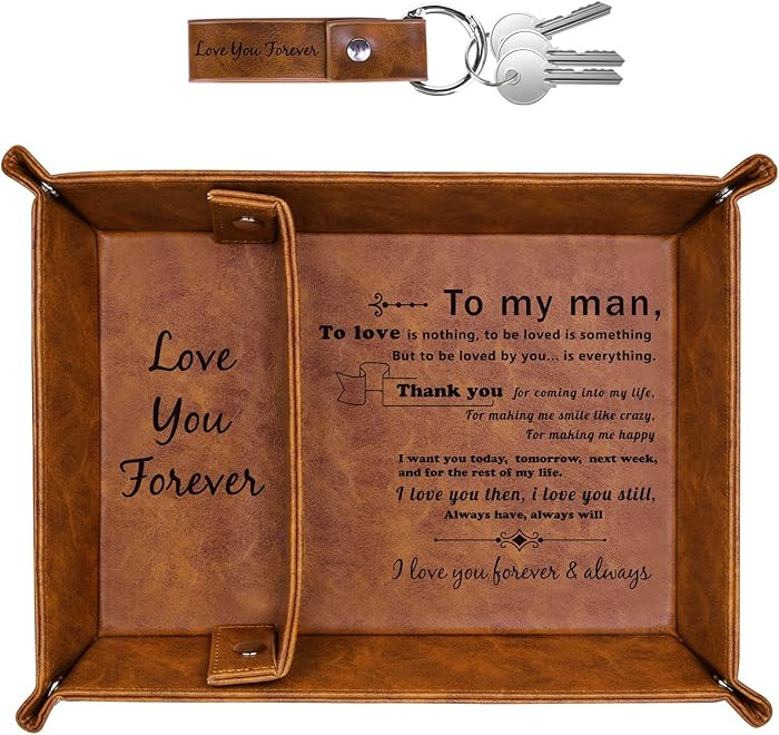 PU Leather Valet Tray and Keychain, Valentines Day Birthday Gifts for Men, Unique Romantic Gifts ... | Amazon (US)