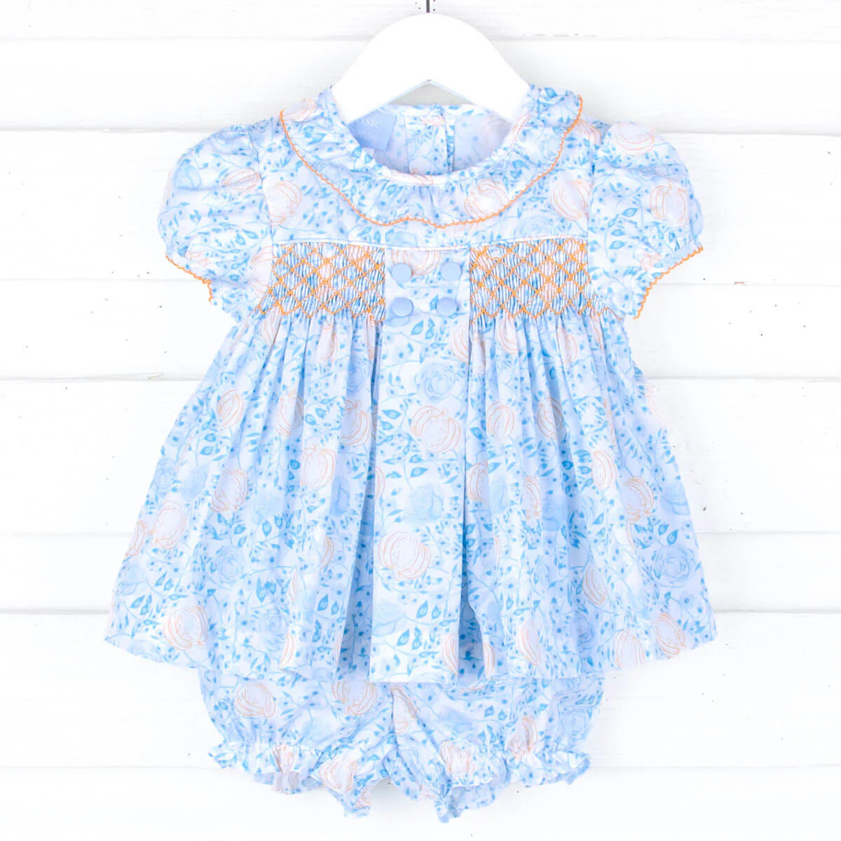 Blue Floral Pumpkin Smocked Beth Bloomer Set | Classic Whimsy
