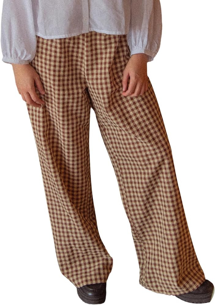Women plaid Wide Leg Pants High Waist Drawstring Pants Casual Lounge Pants Loose Trousers Sweatpa... | Amazon (US)