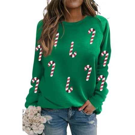 Eye-Catching Christmas Graphic Sweatshirt - Green Sequined Candy Cane Design | [ZhiHiMeRi] | (US 12-14)L | Walmart (US)