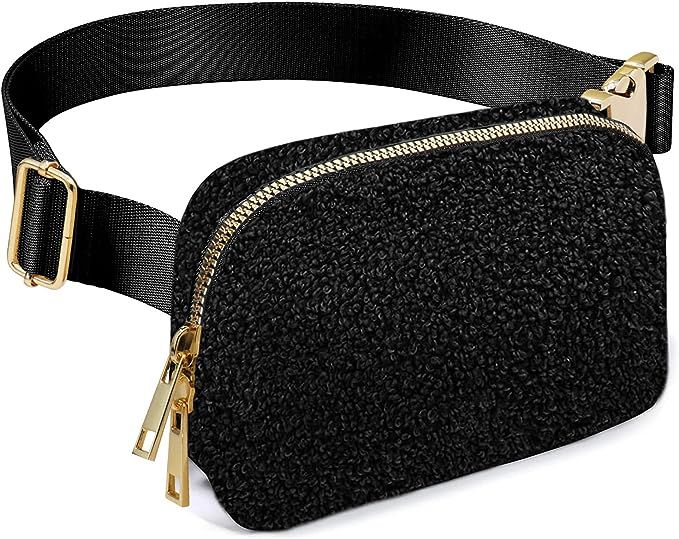 2-Way Zipper Fleece Belt Bag for Women Men, Fanny Pack Crossbody Bags with Gold Buckle, Everywher... | Amazon (US)