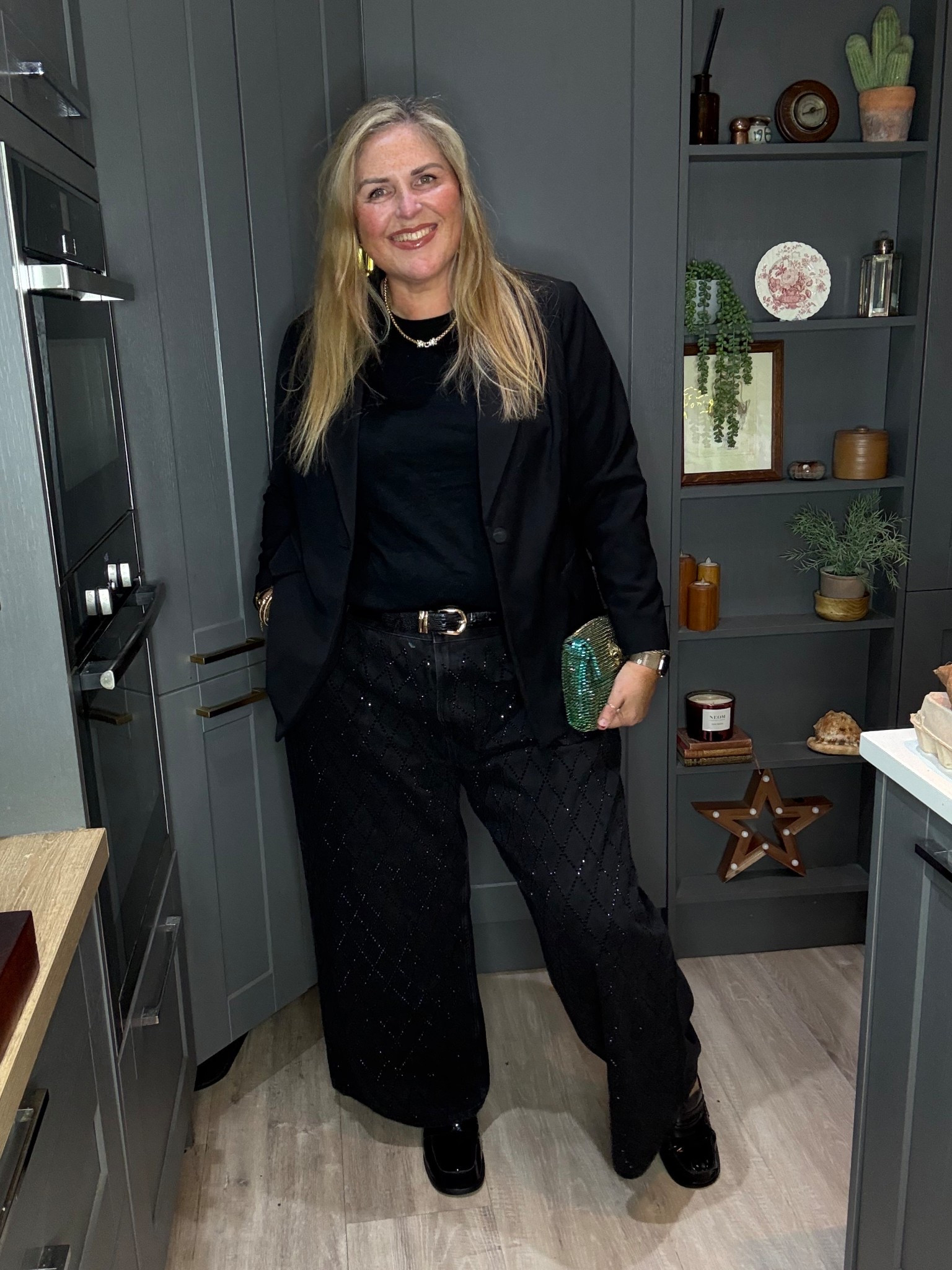Evening out, sparkly jeans, black jumper, black blazer, sparkly bag, black loafers , sparkly earrings 

#LTKfestive #LTKplussize #LTKdatenight