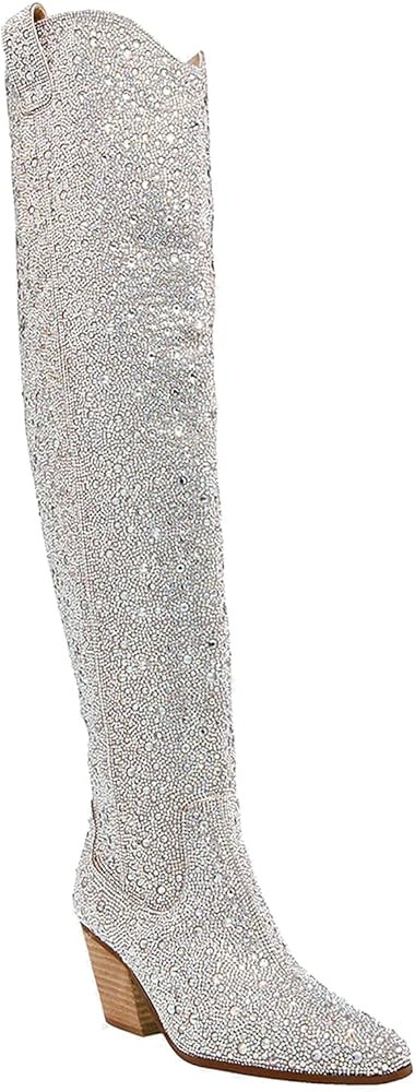 KVZFNZ Women's Cowboy Boots Western Cowgirl Boots Rhinestone Over The Knee High Boots Chunky Stac... | Amazon (US)