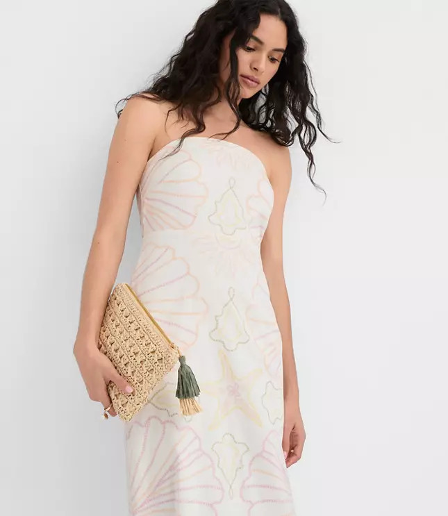 LOFT Beach Seashell Linen Cotton Strapless Midi Dress | LOFT