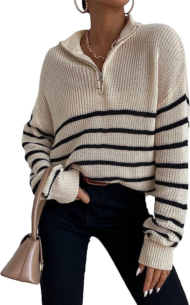 MakeMeChic Women's Casual Striped Half Zip Up Drop Shoulder Long Sleeve Sweater Pullover Top | Amazon (US)