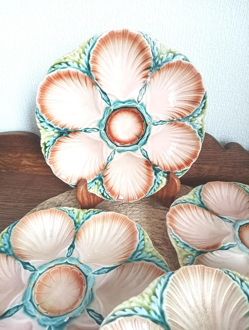 Sarreguemines salmon pink majolica oyster plate, rare French barbotine plate, Antique Sarreguemin... | Etsy (US)