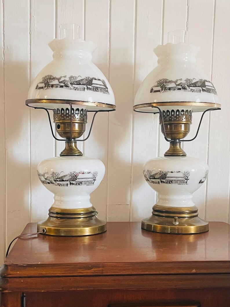 Pair of vintage Glass Milk and Brass electric table lamp from 1960, signed by Currier & Ives. Bed... | Etsy (US)