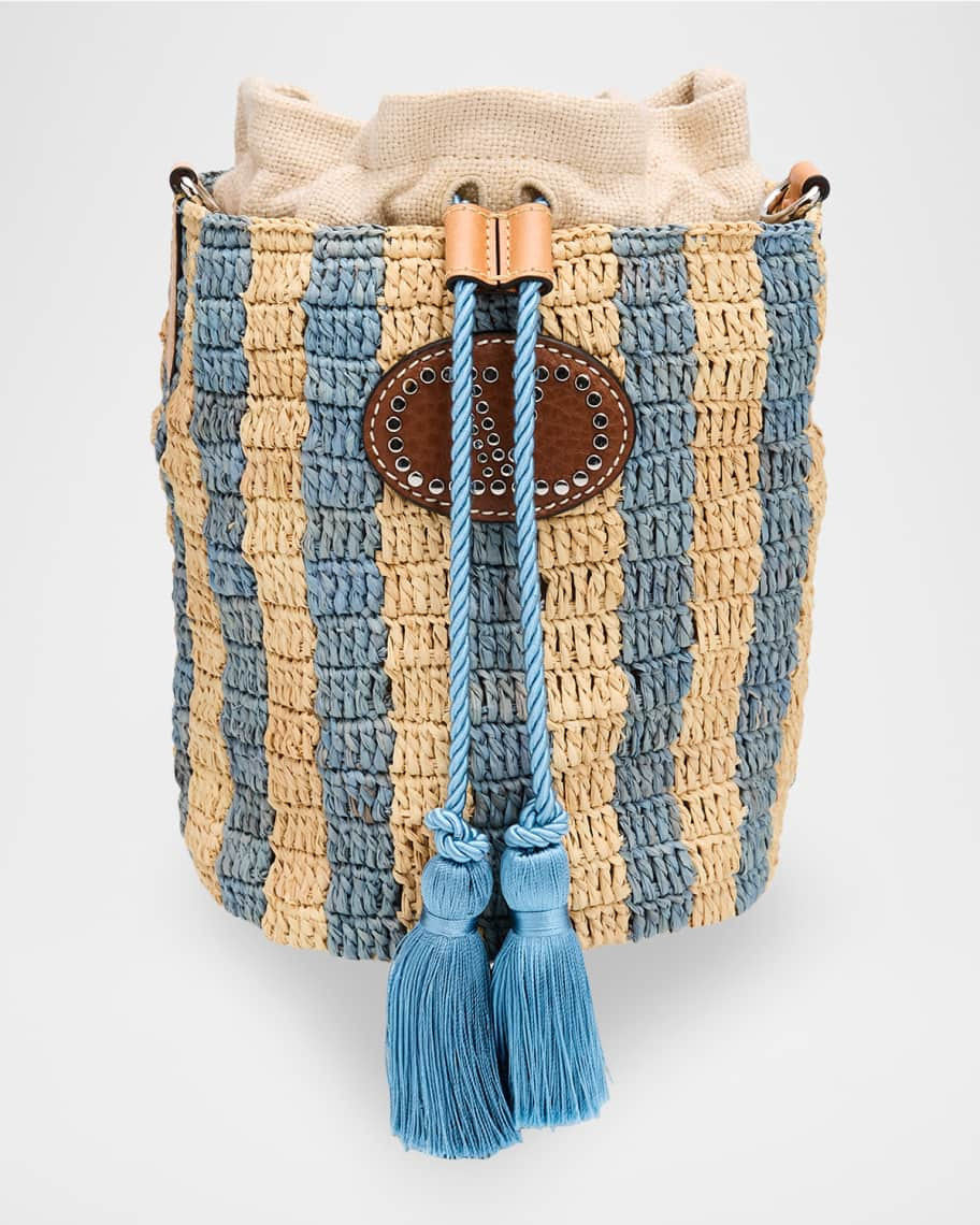 Valentino Garavani Small Striped Viscose Raffia Bucket Bag | Neiman Marcus