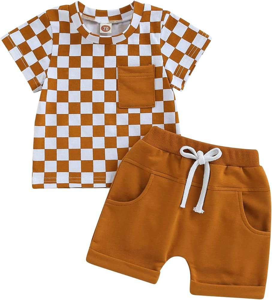 Toddler Baby Boy Girl Summer Outfits Checkered Plaid Short Sleeve Shirt Top Shorts 2Pcs Clothes S... | Amazon (US)