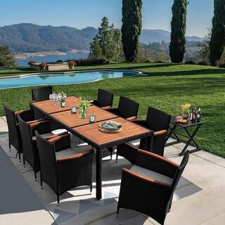 9-Piece Acacia and Wicker Outdoor Dining Set with Beige Cushions | The Home Depot