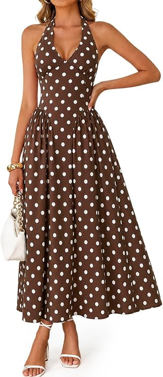 Wenrine Womens Halter V Neck Froral Maxi Dresses Summer Corset Smocked Long Polka Dot Wedding Gue... | Amazon (US)