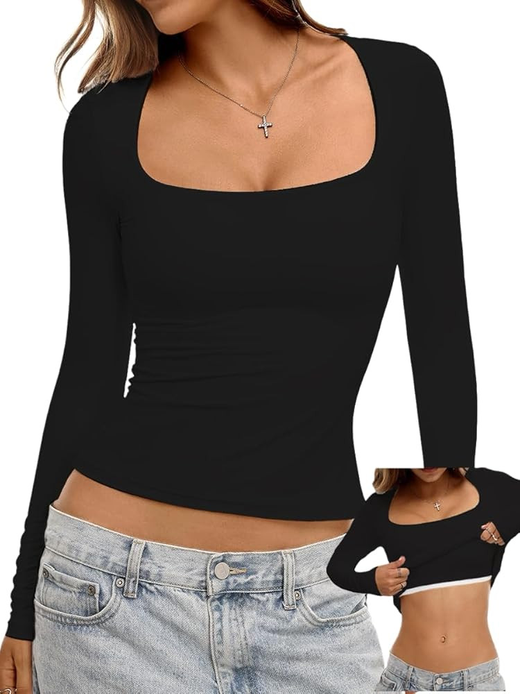 Danysu Double Lined Long Sleeve Tops with Built in Bra for Women Square Neck Basic Slim Crop Fall... | Amazon (US)