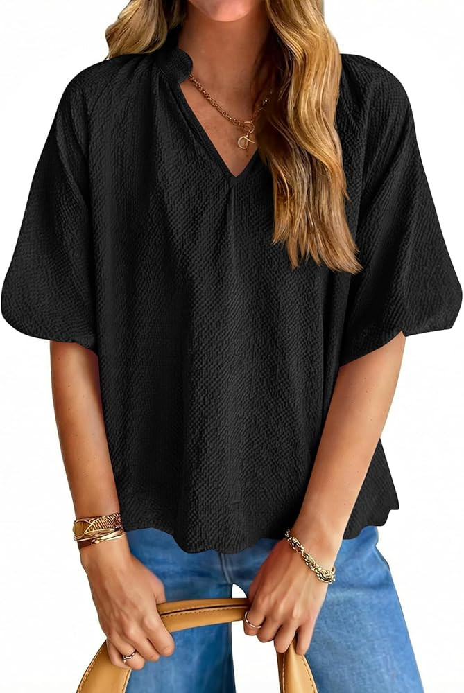 Tankaneo Womens V Neck Puff Sleeve Tops Oversized Textured Blouses Dressy Casual Summer Loose Fit... | Amazon (US)