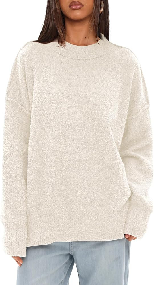 Darong Women Oversized Fuzzy Knit Sweater Long Sleeve Crew Neck Side Slit Pullover Sweaters Fall ... | Amazon (US)