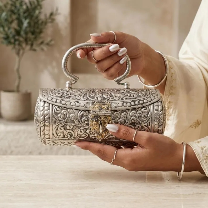 Silver Brass Clutch | Indian Wedding Metal Purse With Handle and Engraved Design - Etsy | Etsy (Global)