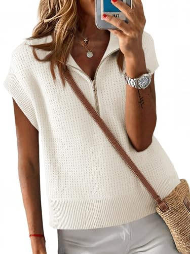 Langwyqu Womens Short Sleeve Cropped Knit Tops Half Zip Cap Sleeve Lightweight Oversized Sweater ... | Amazon (US)