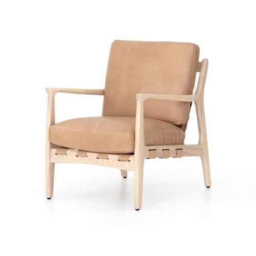 Carter Modern Classic Light Brown Leather Wood Occasional Arm Chair | Kathy Kuo Home
