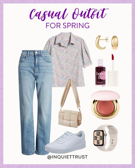 Here’s an inspo for a casual look for Spring: denim jeans, a purple mini floral top, white sneakers, a cute beige puffer bag, and more!
#springfashion #everydaylook #capsulewardrobe #comfyclothes

#LTKSeasonal #LTKstyletip #LTKbeauty
