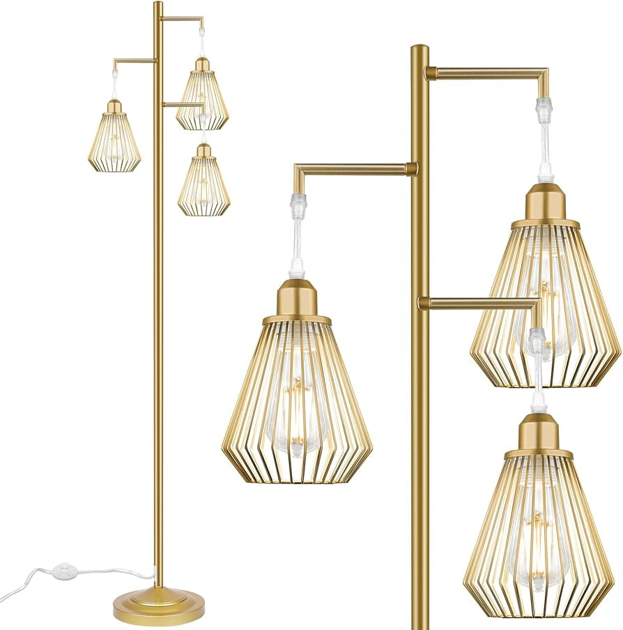 QiMH Industrial Floor Lamps for Living Room,Tree Standing Lamp with 3 Hanging Teardrop Cage Shade... | Amazon (US)