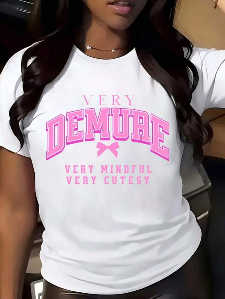 Women's Very Demure Very Mindful Very Cutesy Graphic T-Shirt - Pink Text Design, Casual Crewneck Tee For | SHEIN