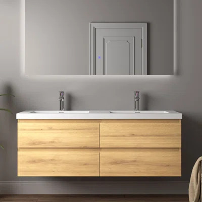 Double A.Oak Bathroom Vanity Wall-mounted Floating vanities with Gloss White Resin Stone Top,4 Drawers Modern | Wayfair North America