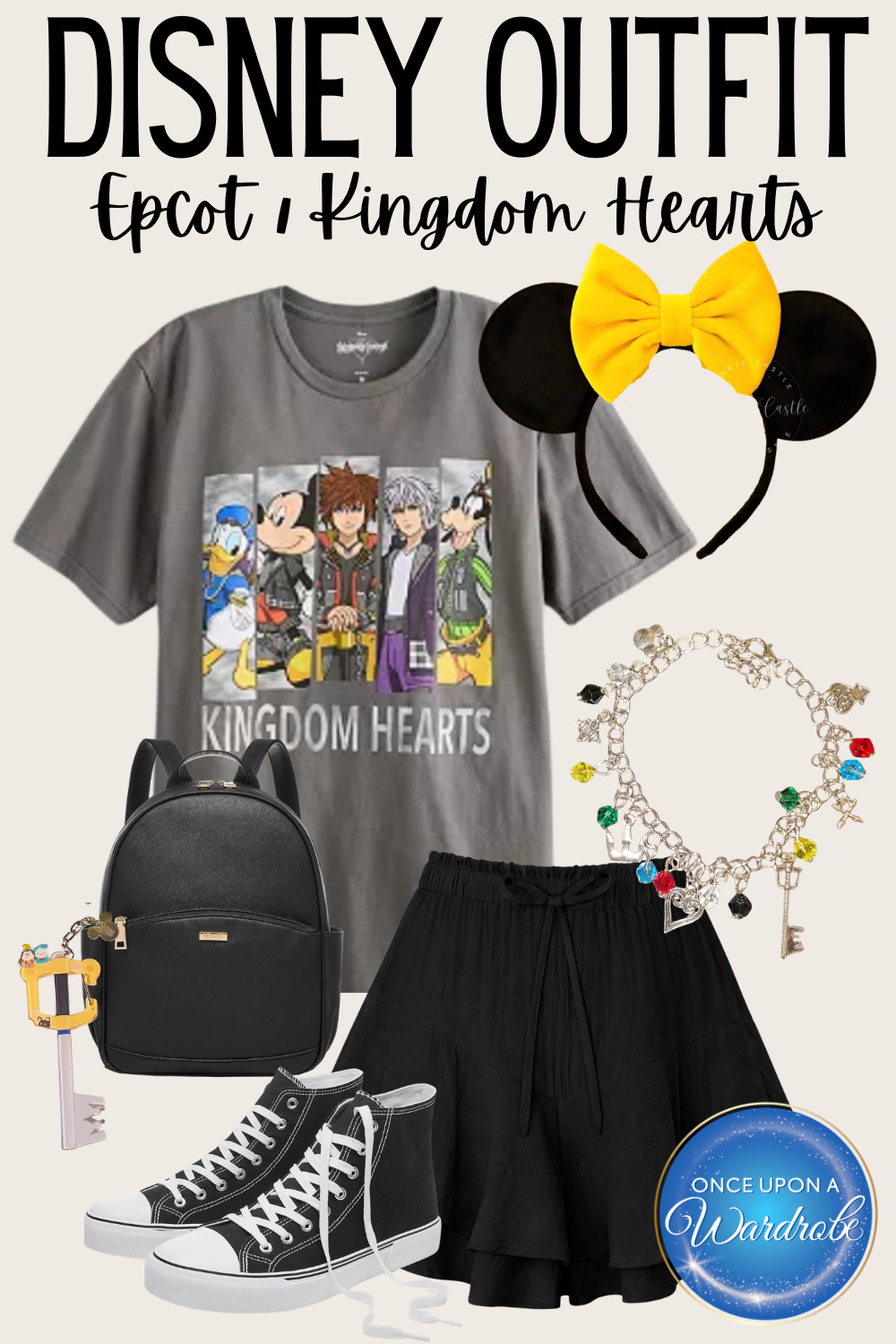 If you’re a Kingdom Hearts fan visiting Epcot, this outfit is such a fun way to add a little gamer nostalgia to your Disney park day. I built this look around a Kingdom Hearts graphic tee featuring Sora, Mickey, Donald, and Goofy, then paired it with comfy black shorts, classic Converse, and a simple backpack that works perfectly for long park days.

The Keyblade charm and colorful gem bracelet add subtle Kingdom Hearts inspired details without making the outfit feel costume-y. It’s comfortable enough for walking World Showcase but still feels themed for photos around the Japan pavilion at Epcot, which has quickly become one of my favorite spots in the park.

I linked all the pieces so you can recreate this women’s Disney park outfit for Epcot, Walt Disney World, or your next Disney vacation. 

 #LTKTravel