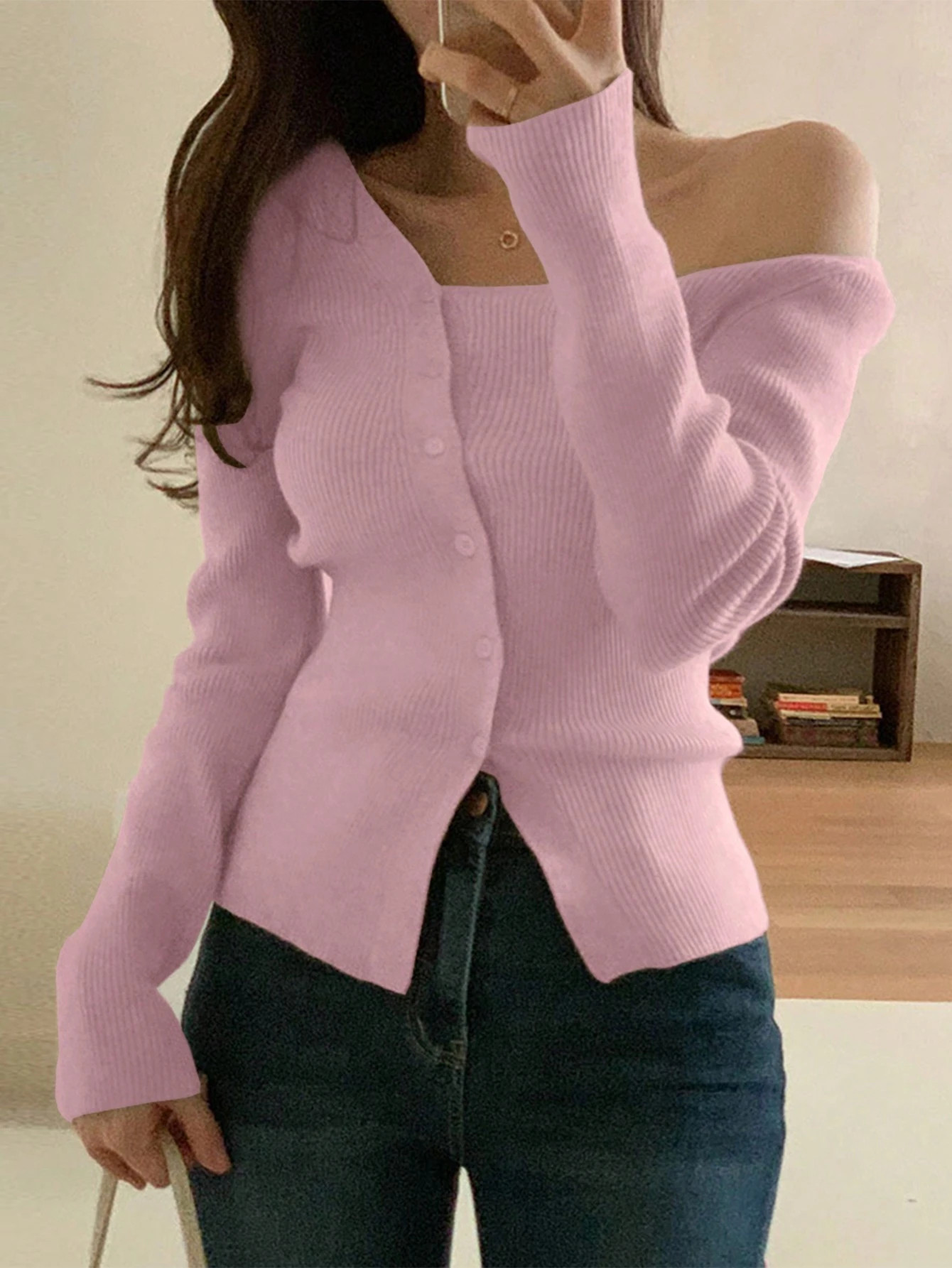 DAZY Solid Asymmetrical Neck Button Through Ribbed Knit Cardigan | SHEIN