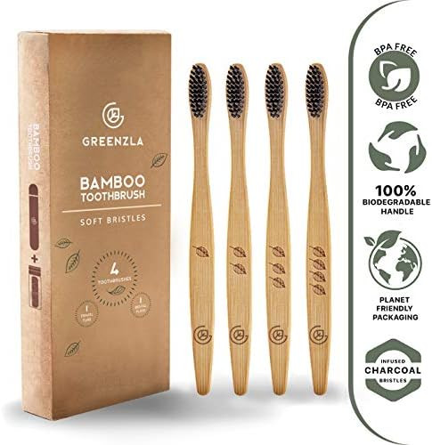 GREENZLA Bamboo Toothbrush (4 Pack) with Travel Case & Charcoal Dental Floss | BPA Free Soft Bris... | Amazon (US)