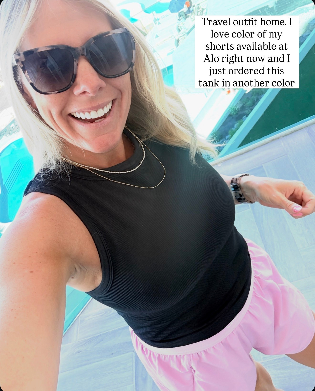 Black ribbed tank with a built in bra. Pink Alo workout shorts. Small shorts and medium tank top. Gorjana jewelry 

#LTKootd #LTKTravel #LTKmomlife
