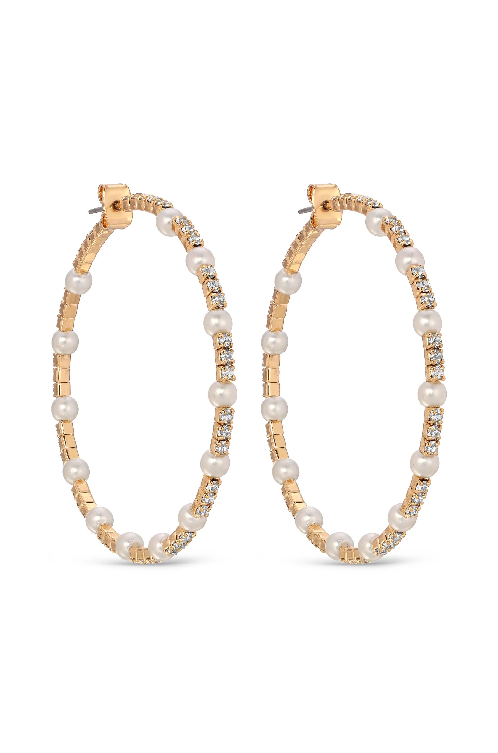 A Mermaid's Pearl and Crystal Dotted 18k Gold Plated Hoop Earrings | Ettika