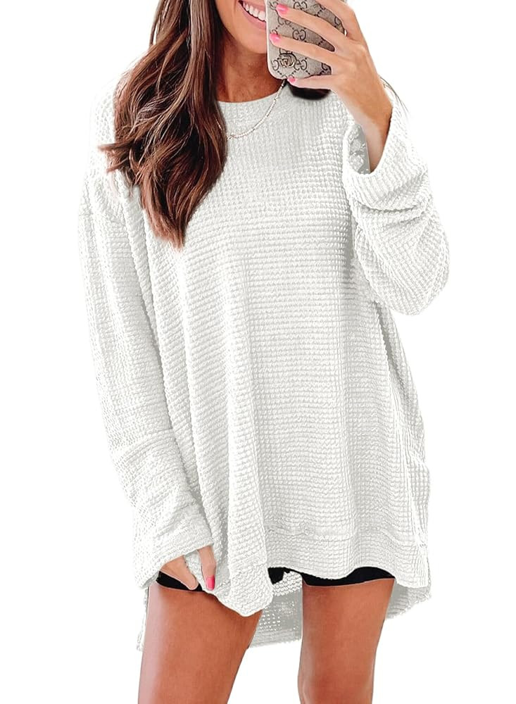 SHEWIN Long Sleeve Shirts For Women Oversized Sweatshirt Crewneck Waffle Knit Fall Tops for Women... | Amazon (US)