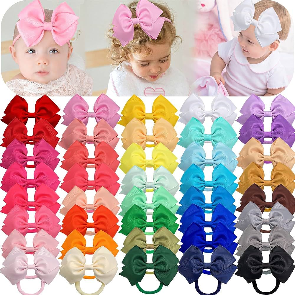 CÉLLOT 40 Colors Baby Bow Headbands 5" Hair Bows Super Soft Nylon Headbands for Baby Girls Infan... | Amazon (US)