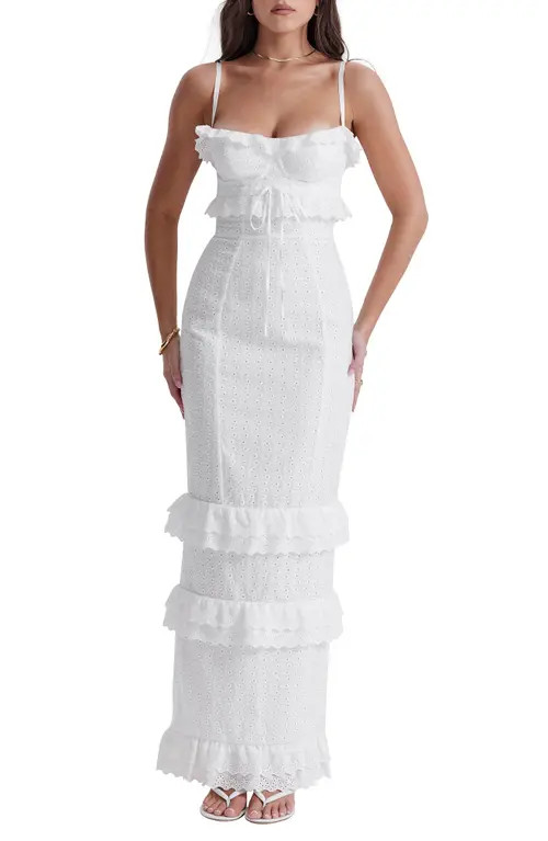 HOUSE OF CB Eve Ruffle Broderie Anglaise Maxi Dress in White at Nordstrom, Size X-Large A | Nordstrom