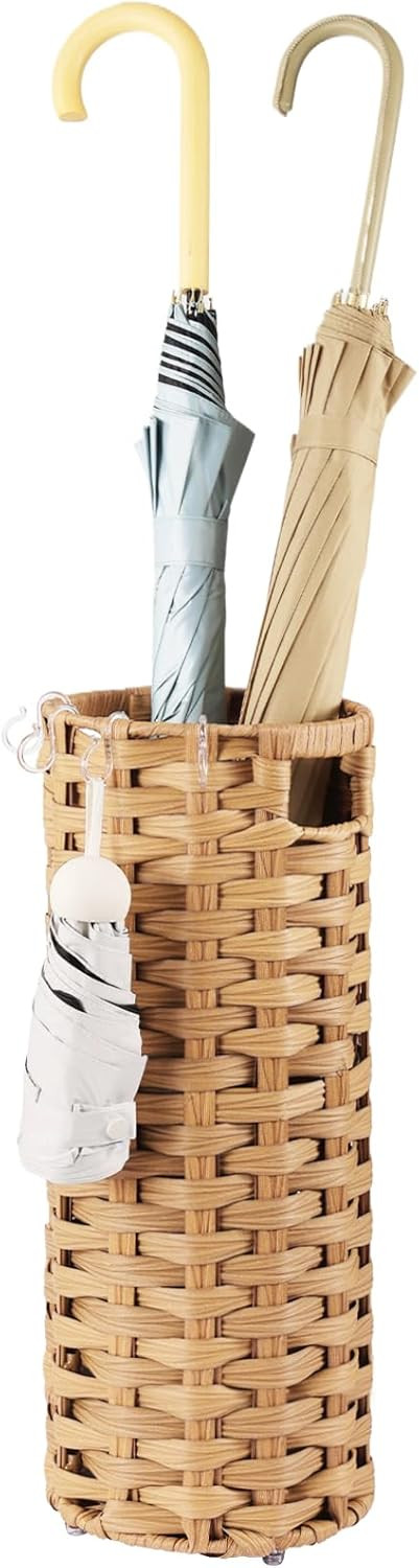 Rattan Umbrella Stand, Umbrella Holder for Entryway, Hand Woven Umbrella Rack Organizer Freestanding, with a Detachable Drip Tray, 4 Hooks, 7.5" L x 7.5" W x 16.5" H | Amazon (US)