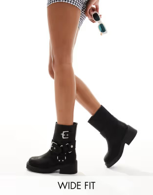 ASOS DESIGN Wide Fit Aim harness biker ankle boot in black | ASOS (Global)