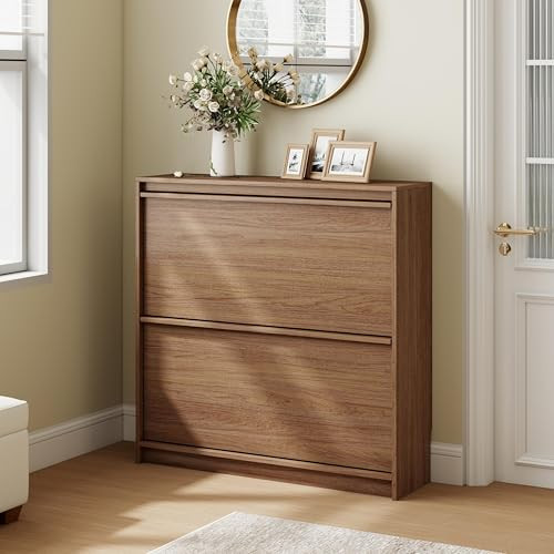 Shoe Cabinet with 2 Flip Drawers, Modern Narrow Shoe Storage Cabinet Organizer with Adjustable Shelf, Hidden Freestanding Shoe Rack for Entryway, Hallway, Living Room, Walnut | Amazon (US)