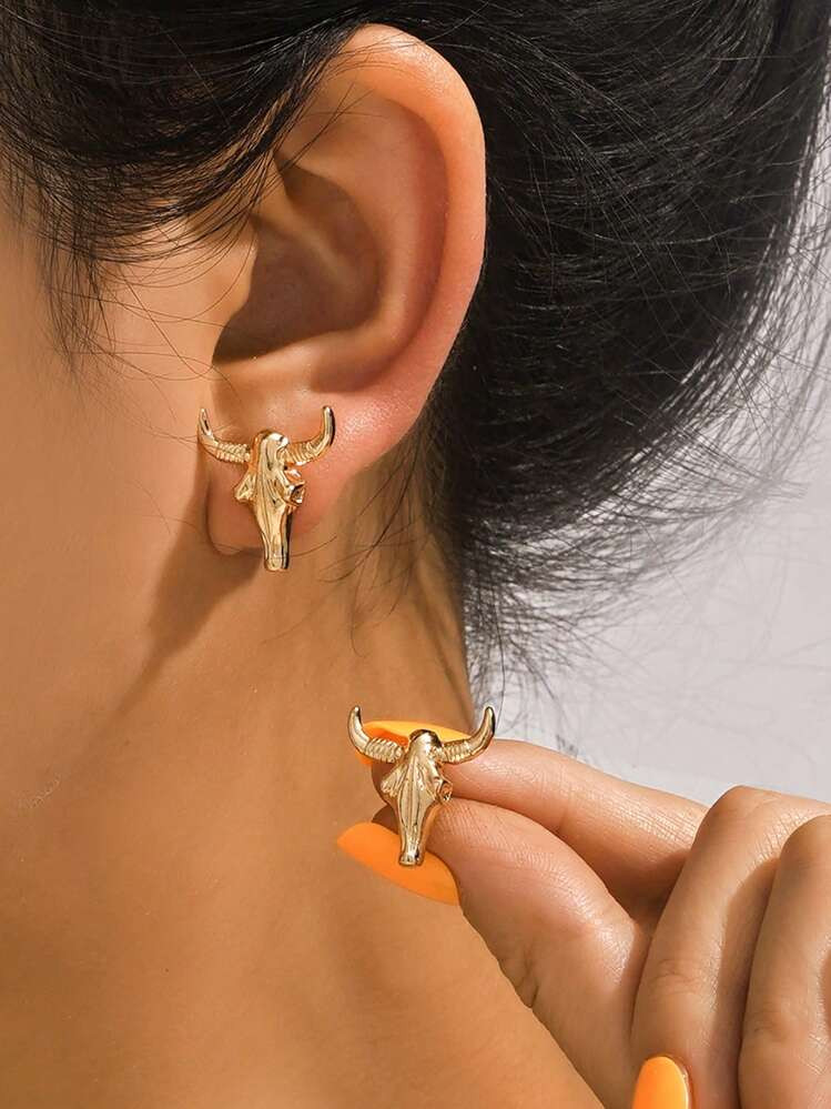 1 Pair Western Cowboy Gothic Punk Retro Personalized Versatile Bull Head Metal Stud Earrings, Sui... | SHEIN