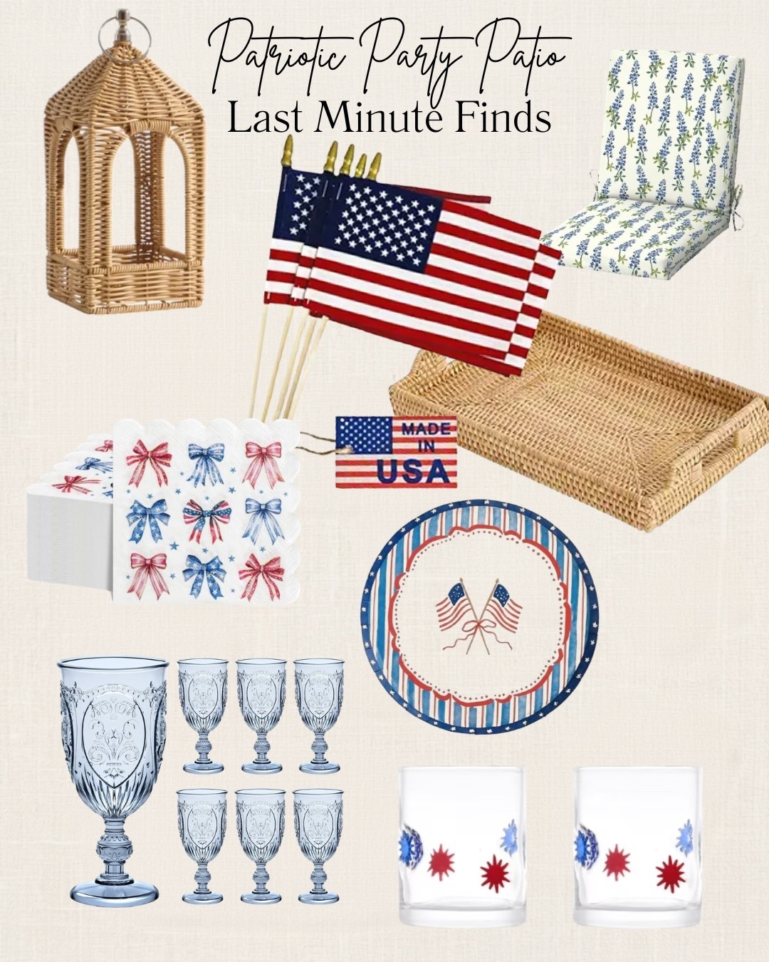 Patriotic Party Patio 🇺🇸

Hosting this Fourth of July? These last-minute finds make it easy to create a festive patio with classic red, white & blue touches—without sacrificing timeless style. From woven lanterns and serving trays to pretty blue glassware, patriotic plates, flags, and outdoor cushions, these are the pieces that will have your space party-ready in no time.

Save this post for your holiday hosting inspiration and shop all my favorites below! ❤️🤍💙

#LTKHome #LTKSeasonal #FourthOfJulyDecor #PatrioticDecor #PatioDecor #OutdoorLiving #SummerHosting #AmazonHomeFinds #FrenchCountryStyle #ClassicHomeDecor #EntertainingAtHome #HolidayHosting