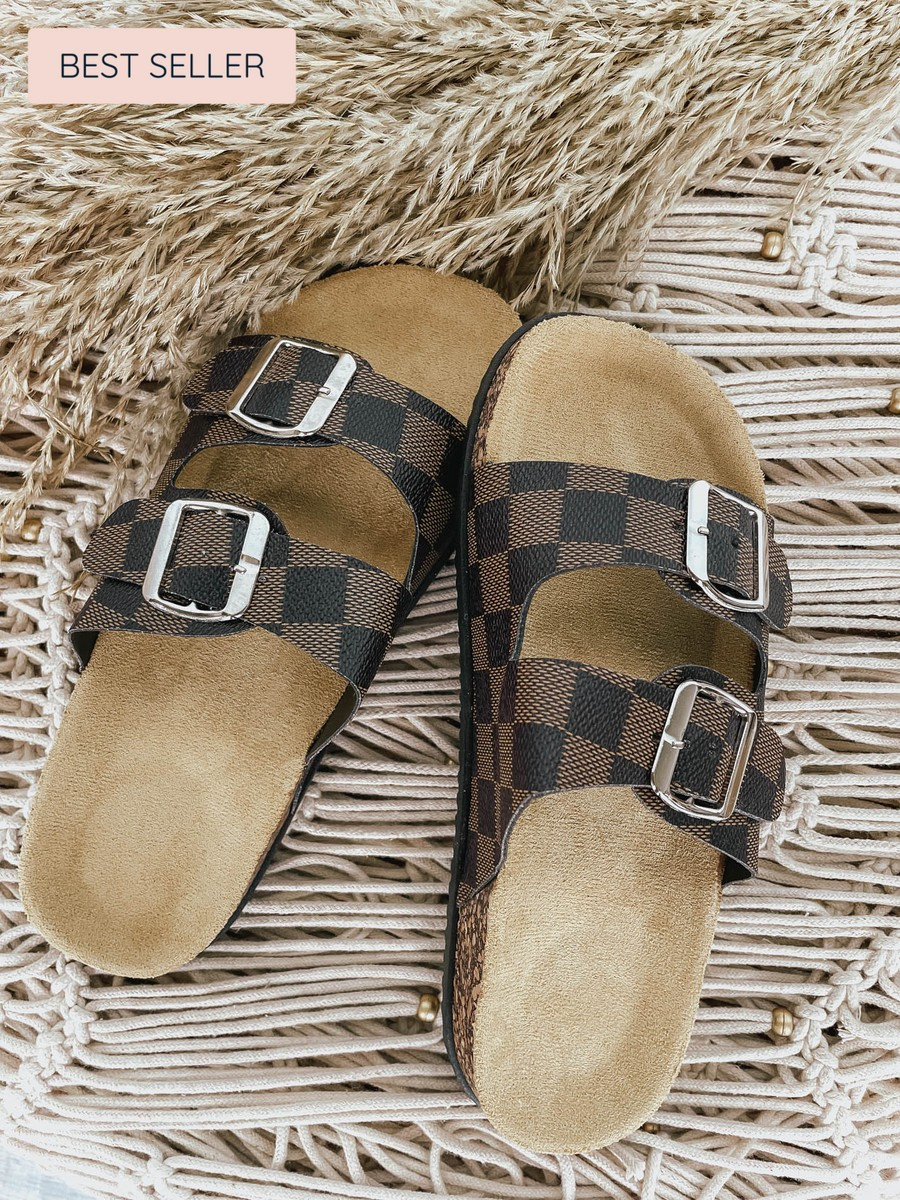Plaid Brown Buckle Sandals | Apricot Lane Boutique