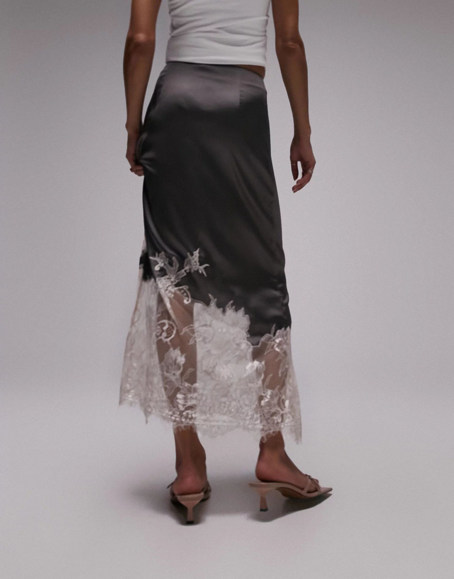 Topshop premium lace insert midi skirt in charcoal and cream | ASOS (Global)