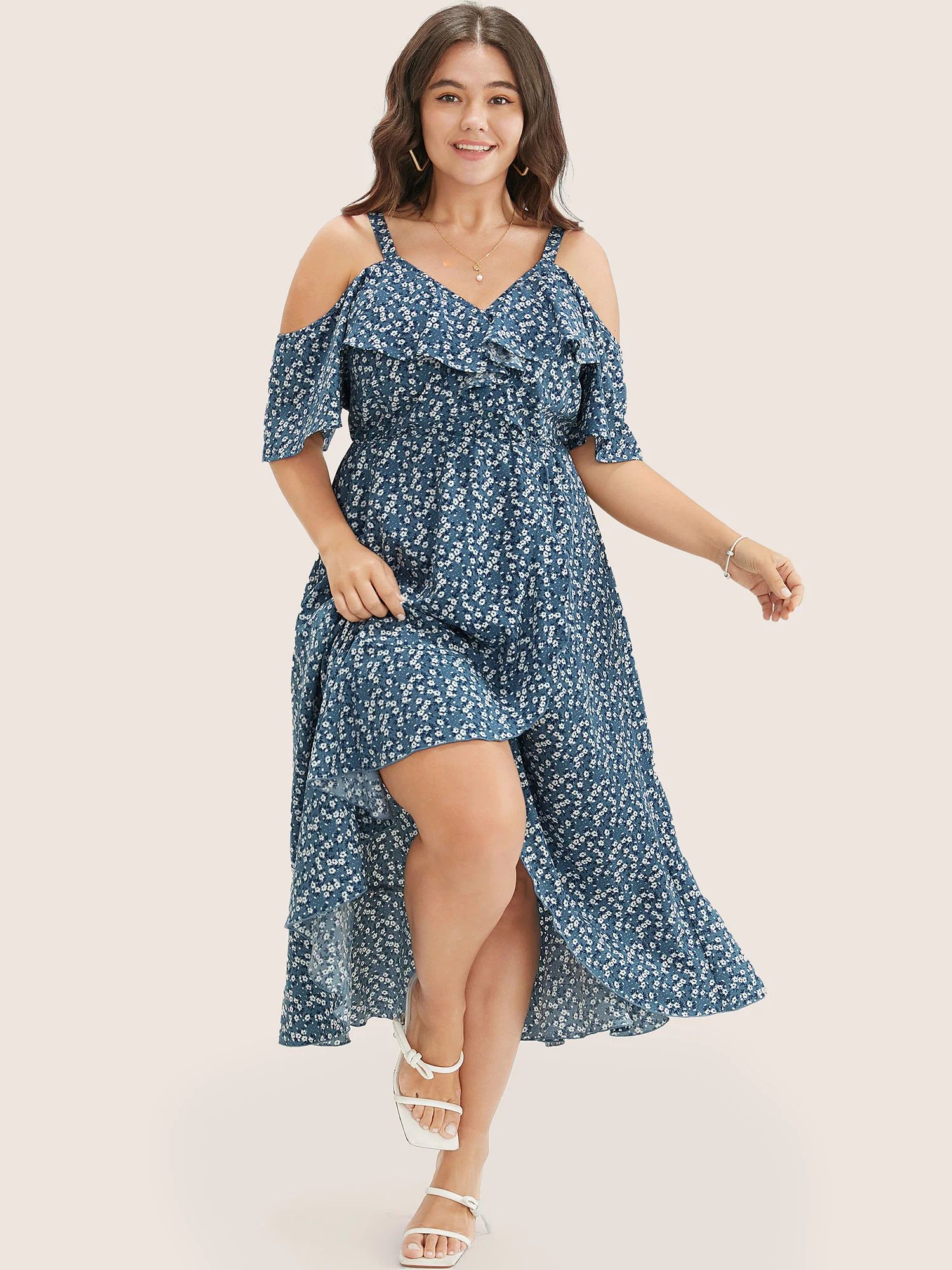 Ditsy Floral Pocket Wrap Cold Shoulder Ruffle Dress | Bloomchic