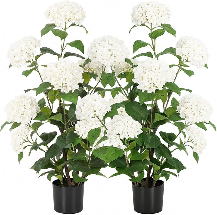 3ft Faux Hydrangea Tree Outdoor with White Flowers, 36in Artificial Hydrangea Plant with Lifelike... | Amazon (US)