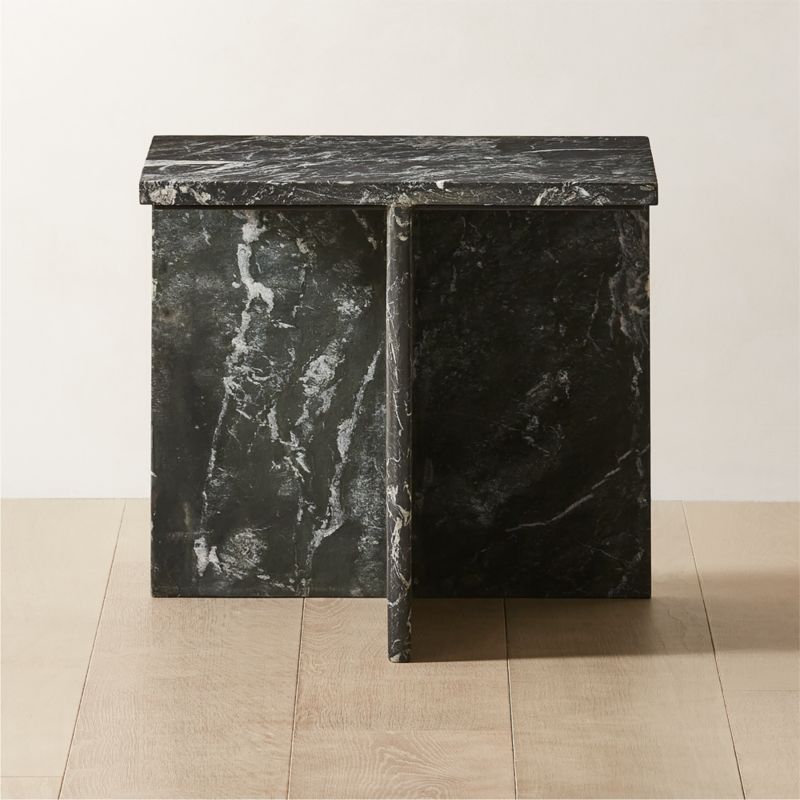 Short Modern Black Marble Side Table with T-Shaped Base + Reviews | CB2 | CB2