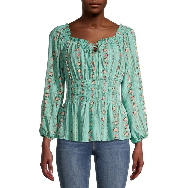 No Boundaries Juniors Smocked Waist Peasant Top | Walmart (US)