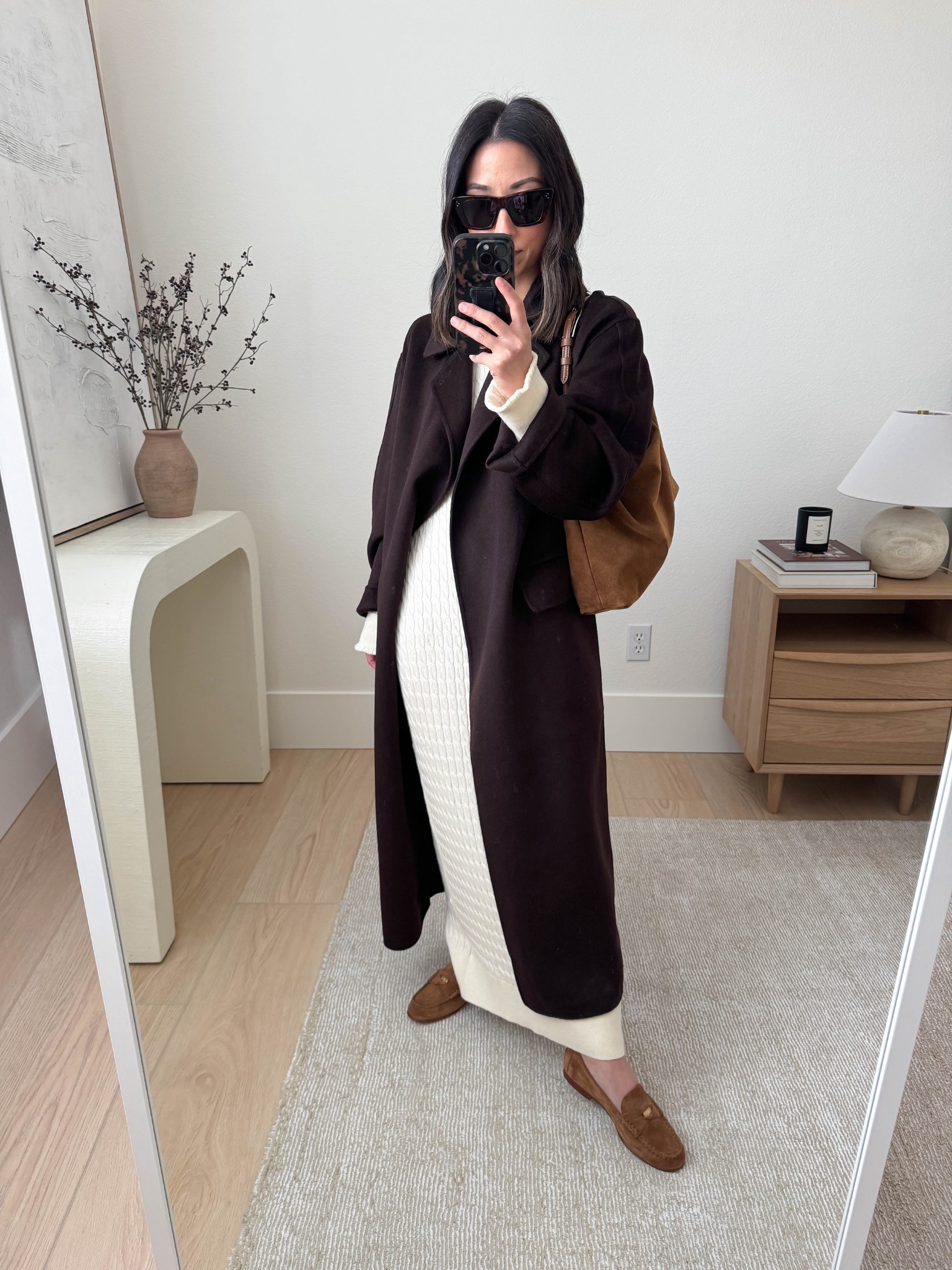 Fall outfit ideas with chocolate brown. 

Banana Republic chocolate coat petite xs (old, linked similar)
Treasure & Bond cableknit sweater dress small (old, linked similar)
Veronica Beard loafers 5.5, but run tts
Celine sunglasses 
Liffner bag 

Fall outfits, fall style, petite style 

#LTKShoeCrush #LTKPetite #LTKSeasonal