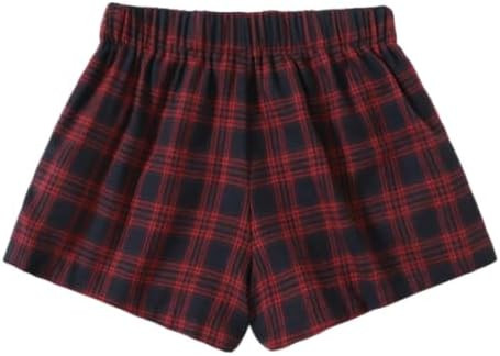 Red and Navy Blue Plaid Shorts, Women's Elastic Waist Casual Shorts | Amazon (US)