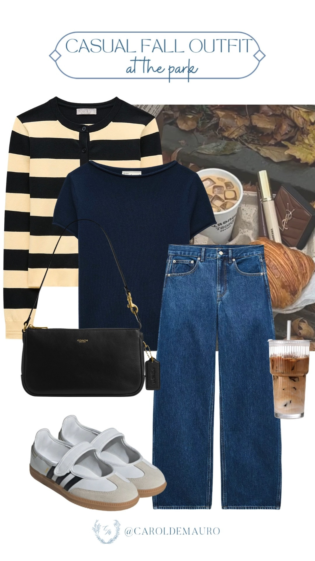 casual outfit for fall, park day outfit, cozy casual look, striped cardigan, basic tee, wide leg jeans, samba janes, petite fashion, modest look

#LTKootd #LTKPetite #LTKSeasonal