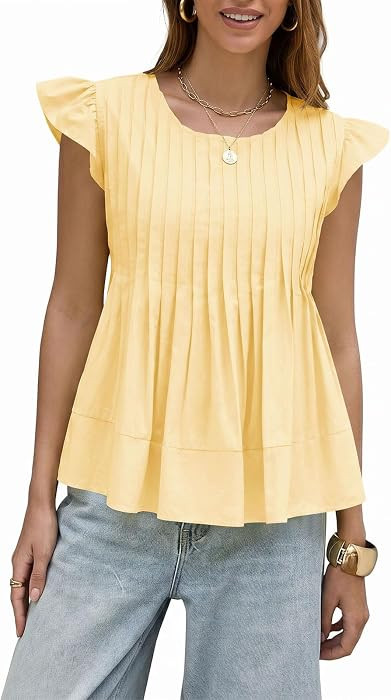 Women's Babydoll Tops Flutter Sleeve Pleated Blouses Crewneck Flowy Tunic Shirts Casual Loose Fit... | Amazon (US)