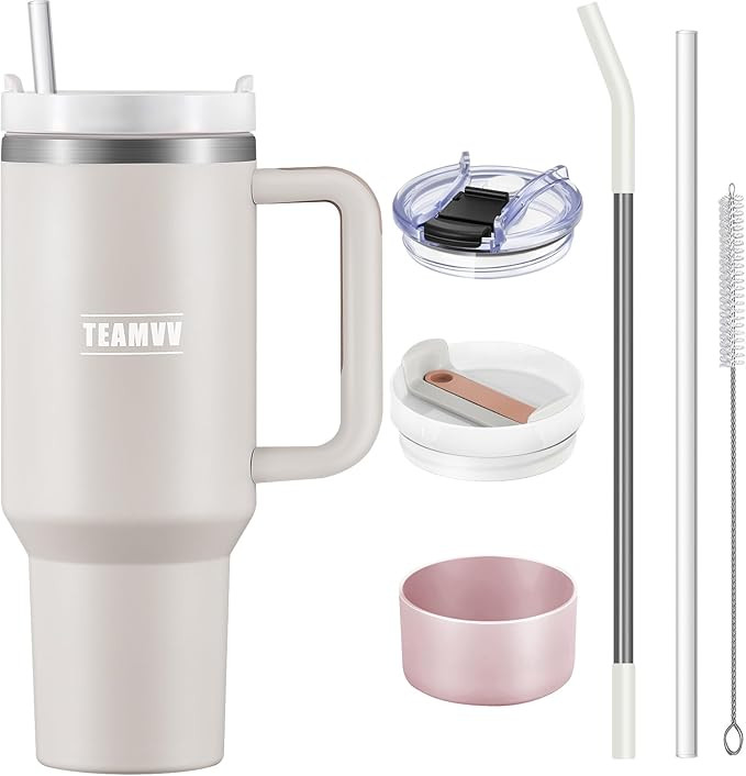 TEAMVV 40 oz Tumbler with Handle and Straw Lid,Insulated Cup Reusable 304 Stainless Steel Water B... | Amazon (US)